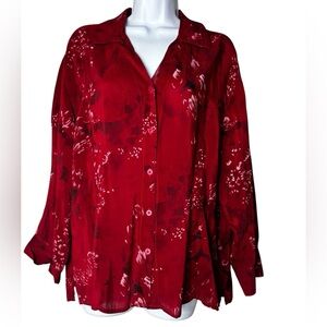 Tianello Size Large Red Silky Rayon  Japanese Floral Temple Blouse Shirt Top